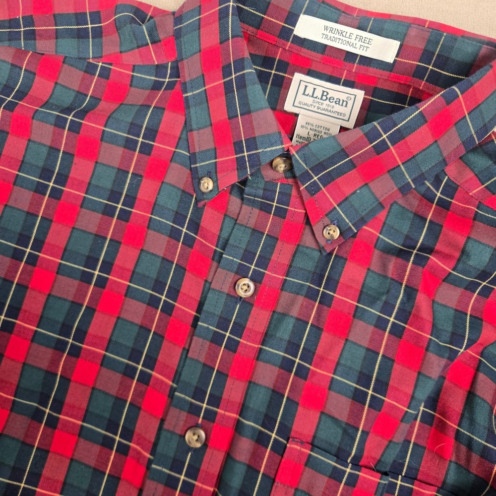 LL Bean Mens Large Plaid Button Shirt Cotton Merino Wool Wrinkle Free Christmas
